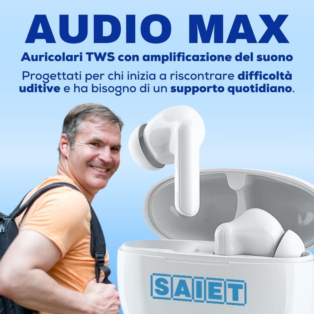 SAIET Audio MAX Auricolari per Anziani TWS con 5 Livelli di Amplificazione | Cuffie Bluetooth con Amplificazione Audio per Chiamate e Musica, App Dedicata, Design Moderno, Fino a 20 Ore di Autonomia
