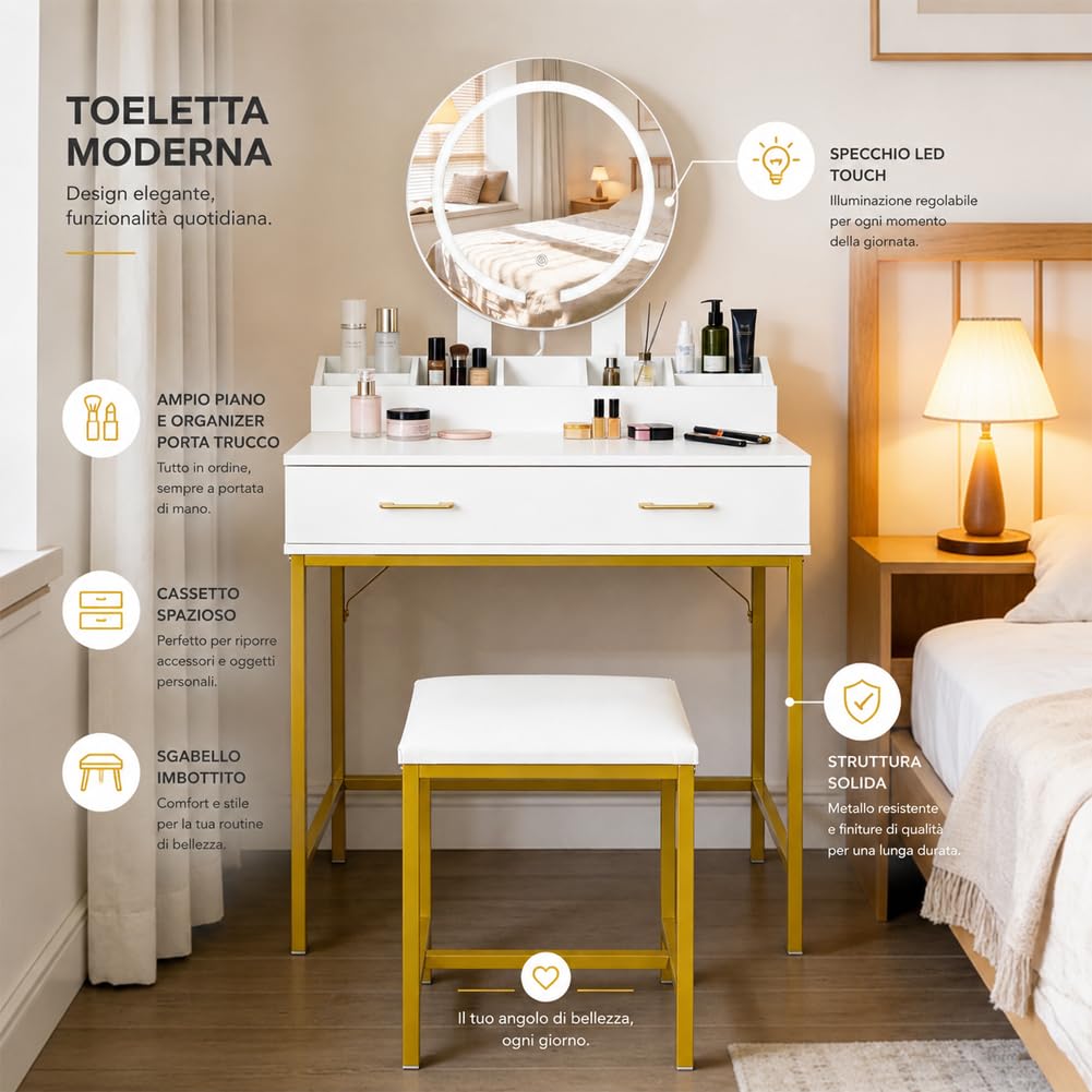 Shally Dogan Toeletta Trucco con Sgabello Bianca Struttura Oro con Specchio LED Touch, Postazione Makeup con Cassetti e Scomparti Ideale per Interni, Casa, Camera da Letto, Cameretta 80 x 45 x 141 cm