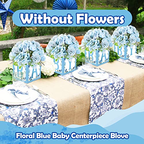Levfla Floral Blue Baby Centerpiece Blove Flower Boxes Party Arrangement Favor Block Holder Baby Shower Gender Reveal Table Display Boy B-Day Decoration Ideas Without Flowers Set Of 4 #TOP1