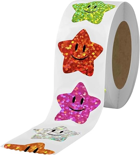 500Pcs 1 Inch Sparkly Foil Star Smiley Reward Stickers, 8 Colors | Roll Format, Kids Reward Stickers, Assorted Colours, Sparkle Finish, Teacher Supplies