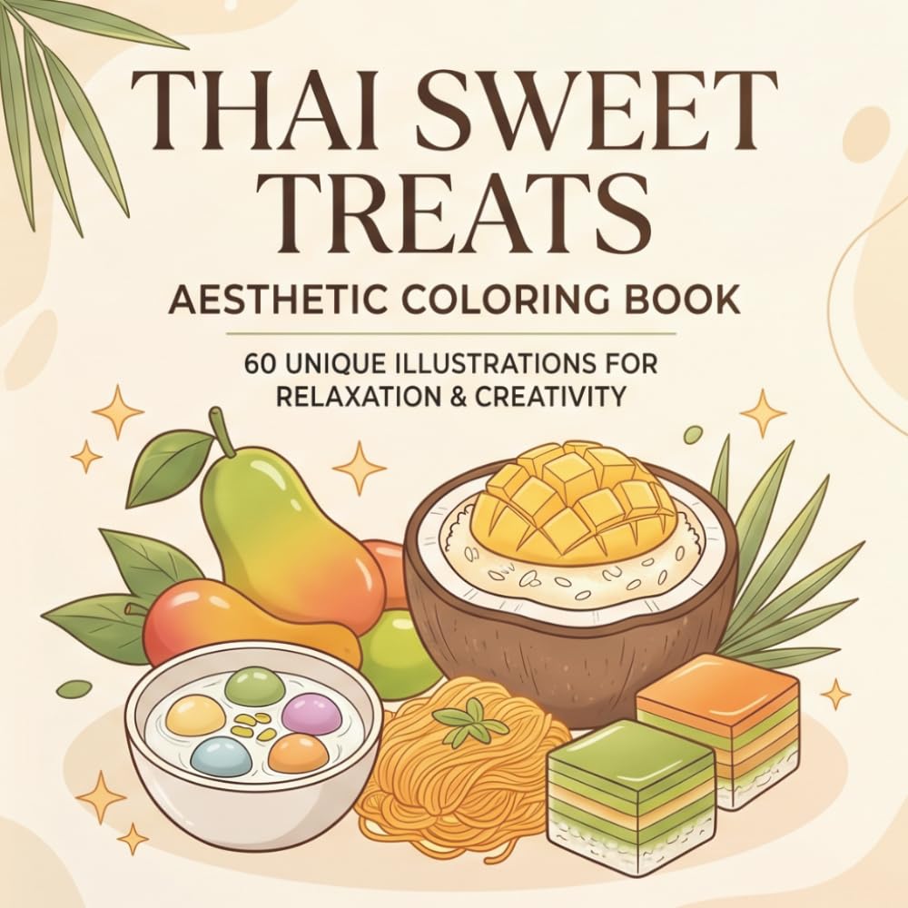 Thai Sweet Treats Aesthetic Coloring Book: Bold and Easy Designs for Relaxation: 60 Simple & Cute Pages of Mango Sticky Rice, Coconut Desserts, and Asian Snacks