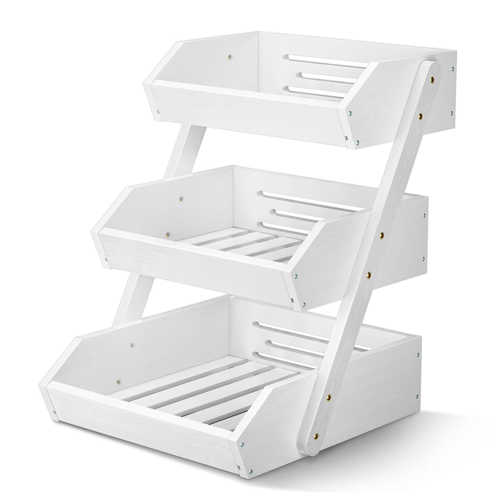 G.a HOMEFAVOR 3-Tier Bamboo Fruit Basket Bowl Holder, Bread Vegetables Storage Stand for Kitchen Countertop, Snacks Rack in Home Kitchen and Office, White