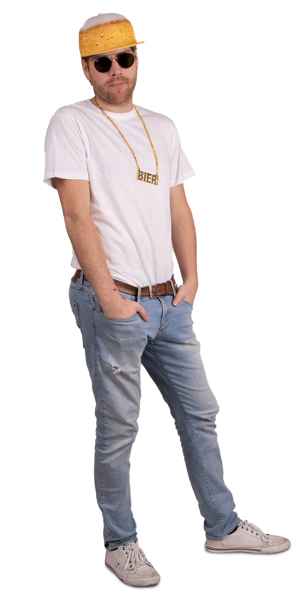 PartyXPeople Baseball Cap Erschwinglicher Biercap – Gelb-Weiß, verstellbare Kopfweite