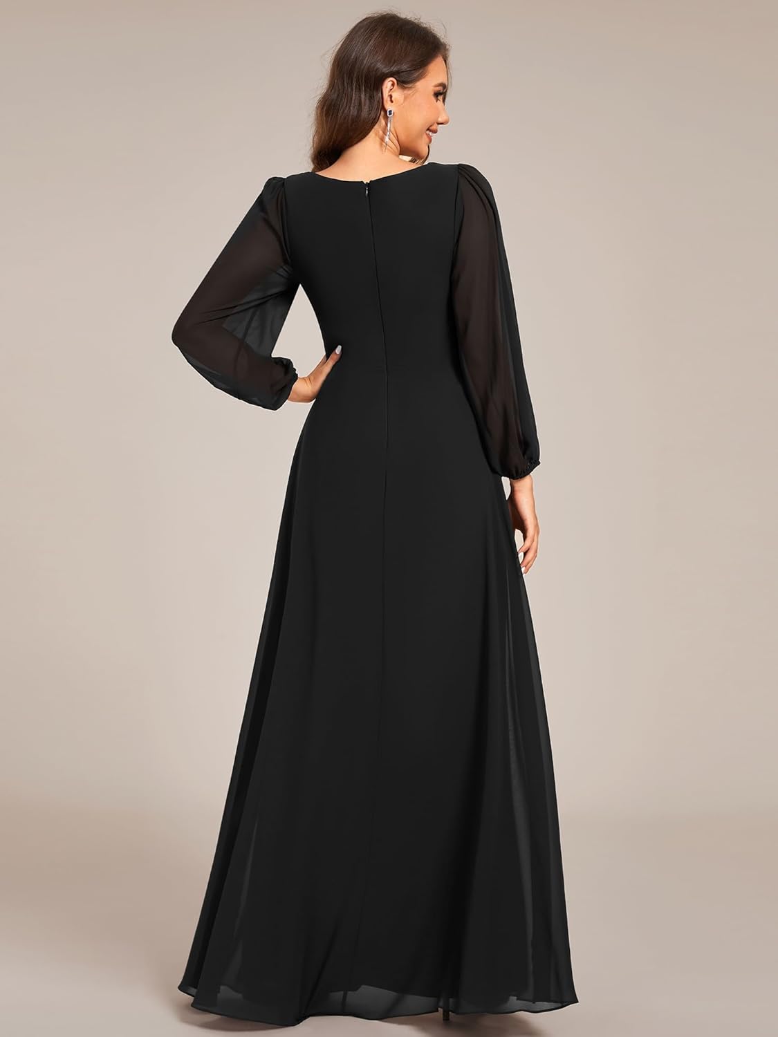Ever-Pretty Women's V-Neck Long Sleeves A-Line Pleated Chiffon Floor Length Formal Dress 02235