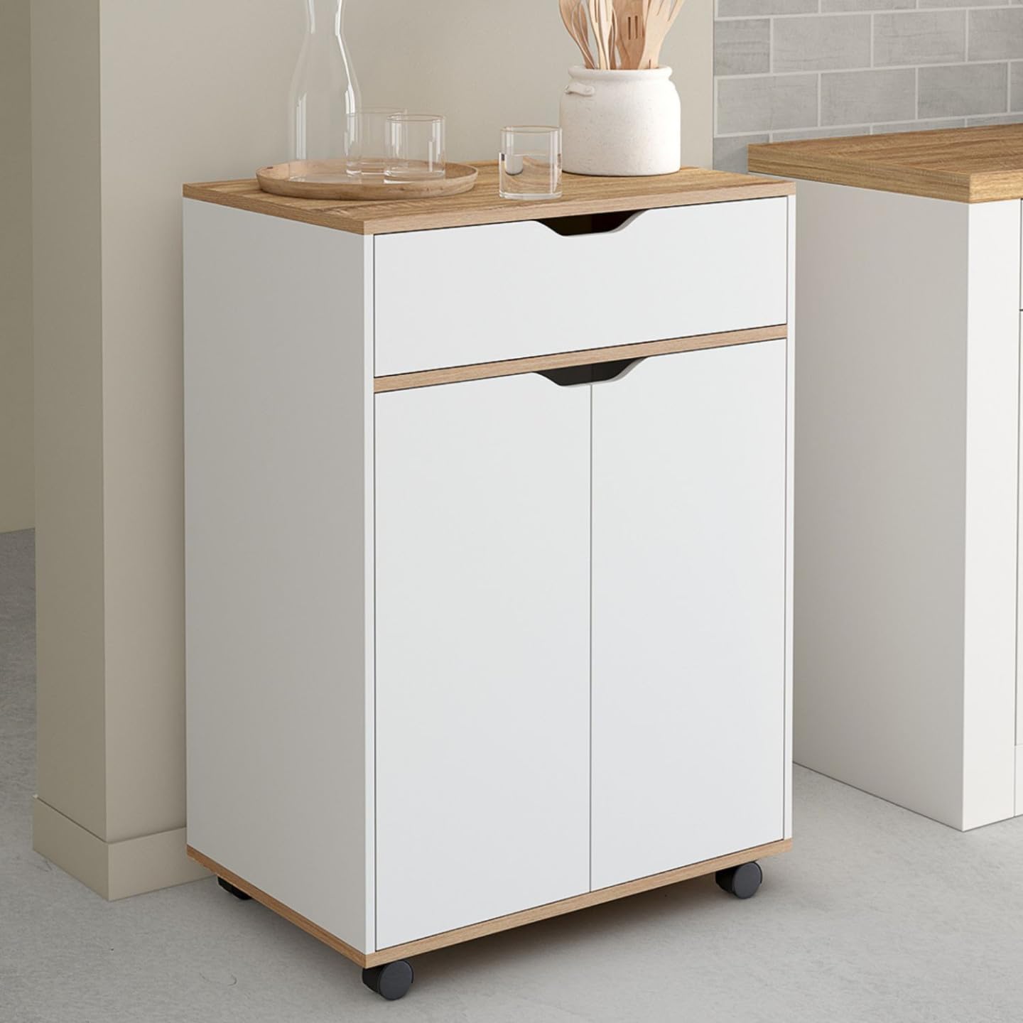IDMarket - Desserte de cuisine COSY placard avec tiroir bois blanc et plateaux façon hêtre L.60 CM