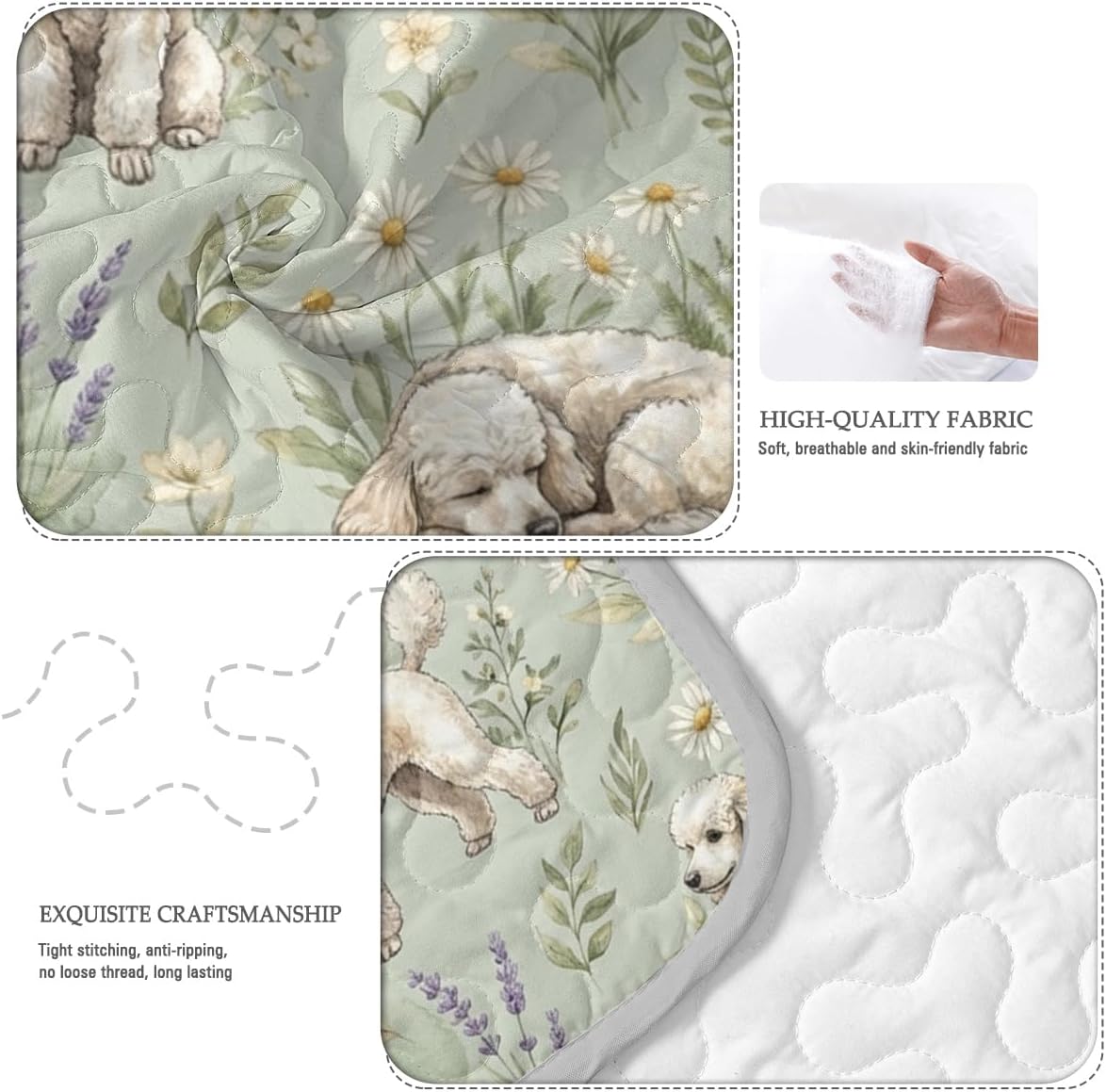 BlessLiving Poodle Floral Quilt Set Full Queen, Elegant Dog Bedding, Soft Lightweight Flower Puppy Bedspread Coverlet, Aesthetic Cottagecore Dog Bedding with 2 Pillow Shams