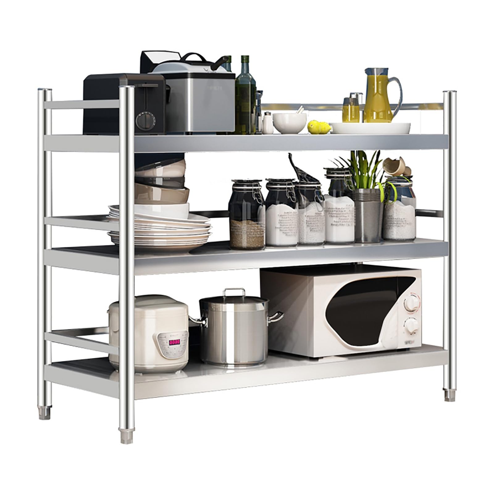 3-stufiges Metallregal, Lagerregal, Küchenbodenregale aus Edelstahl, Lagerregal, Mikrowellenherdregal, Lagerregal, Topflappen (Color : Stainless, Size : 100x40x100cm)