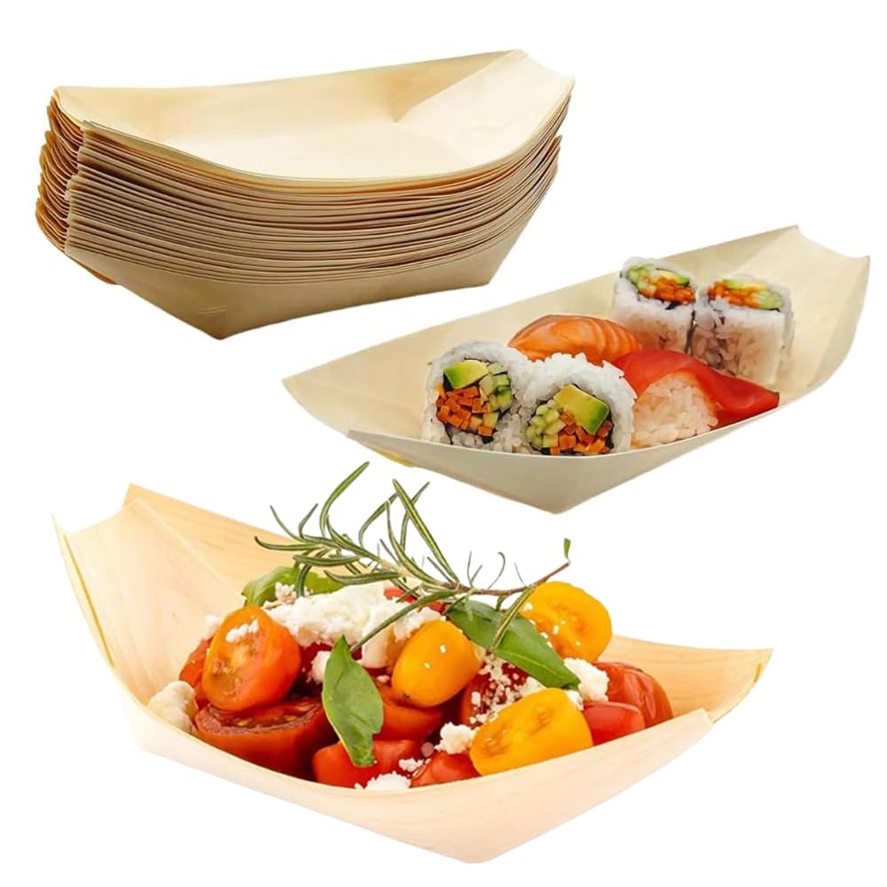 Goodern 50PCS Disposable Wood Serving Boats,Dishes Plates Wooden Snack Bowls Food Serving Tray Sushi Boat Food Container Disposable Bamboo Leaf Boat for Wedding Party Snack Fruit Salad-13.5CM*7.7CM
