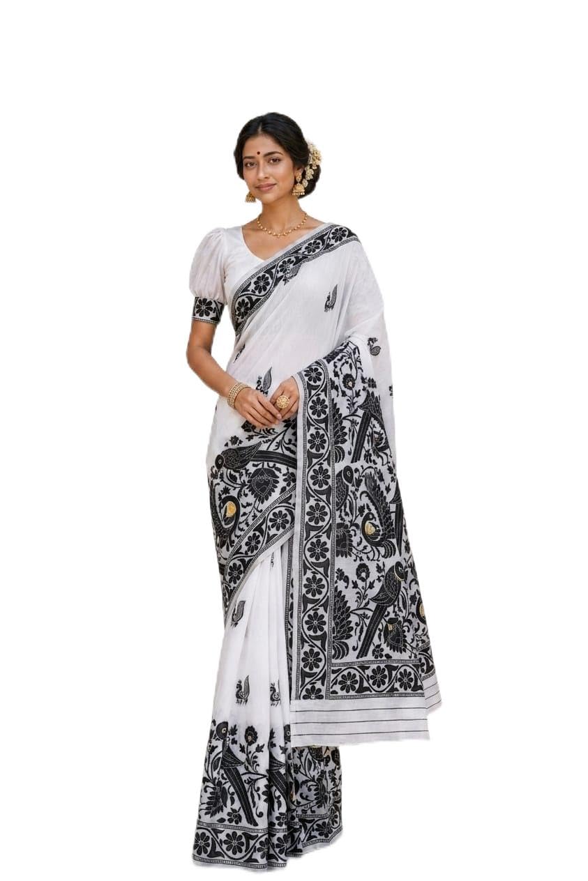 Women's Cotton Slub Traditional Jamdani Saree with Rich Weaving | West Bengal Durga Puja Special White Base Handloom Style Saree with Blouse Piece-image-32