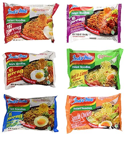 Indomie Variety Pack - 1 Case (30 Bags) - Mi Goreng BBQ Chicken, Mi Goreng Fried Noodles, Mi Goreng Hot & Spicy, Rendang (Spicy Beef), Special Chicken Soup Noodles; and Beef & Lime Soup Noodles