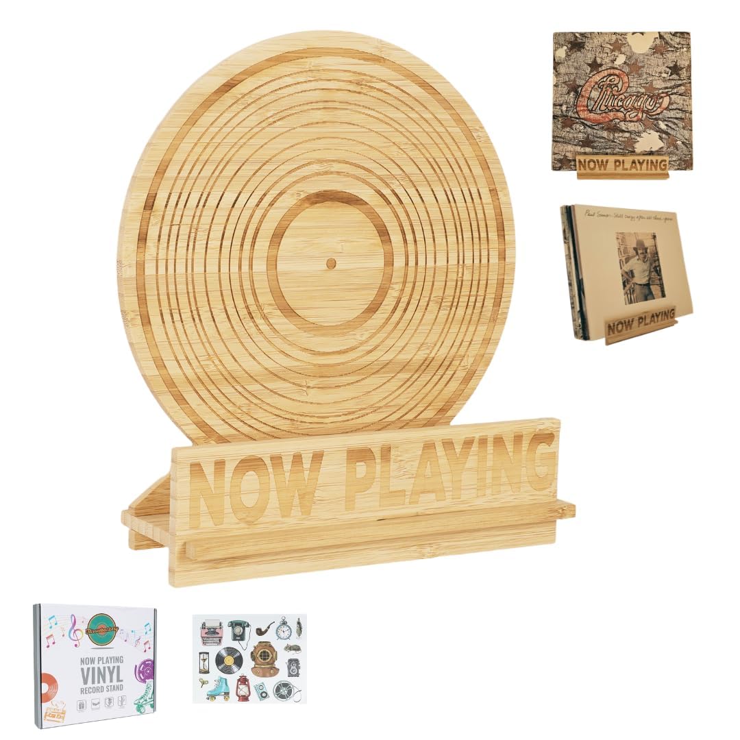 Now Playing Vinyl Record Stand - Bamboo Tabletop & Wall Mount w/Adhesive Hook & Stickers - Holds up to 5 Records - Durable