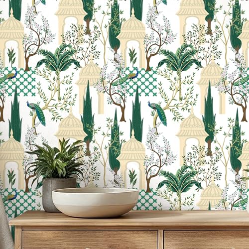 VaryPaper Tropical Paradise Garden Peacock Wallpaper Self Adhesive Floral Wallpaper 44.5cmx200cm Sticky Back Plastic Lining Paper for Wall Living Room Bathroom Vinyl Wrap for Furniture Cupboards Shelf