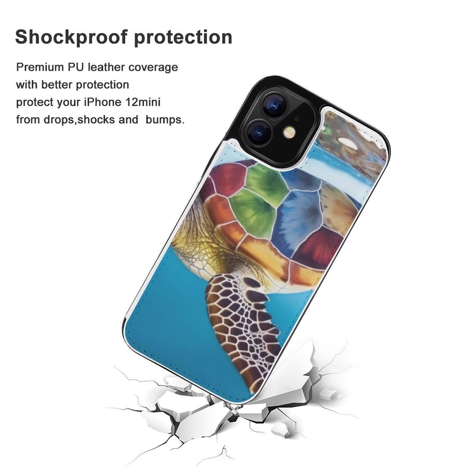 Funda tipo cartera para iPhone 12 Mini, diseño de tortugas marinas, funda de piel con ranuras para tarjetas