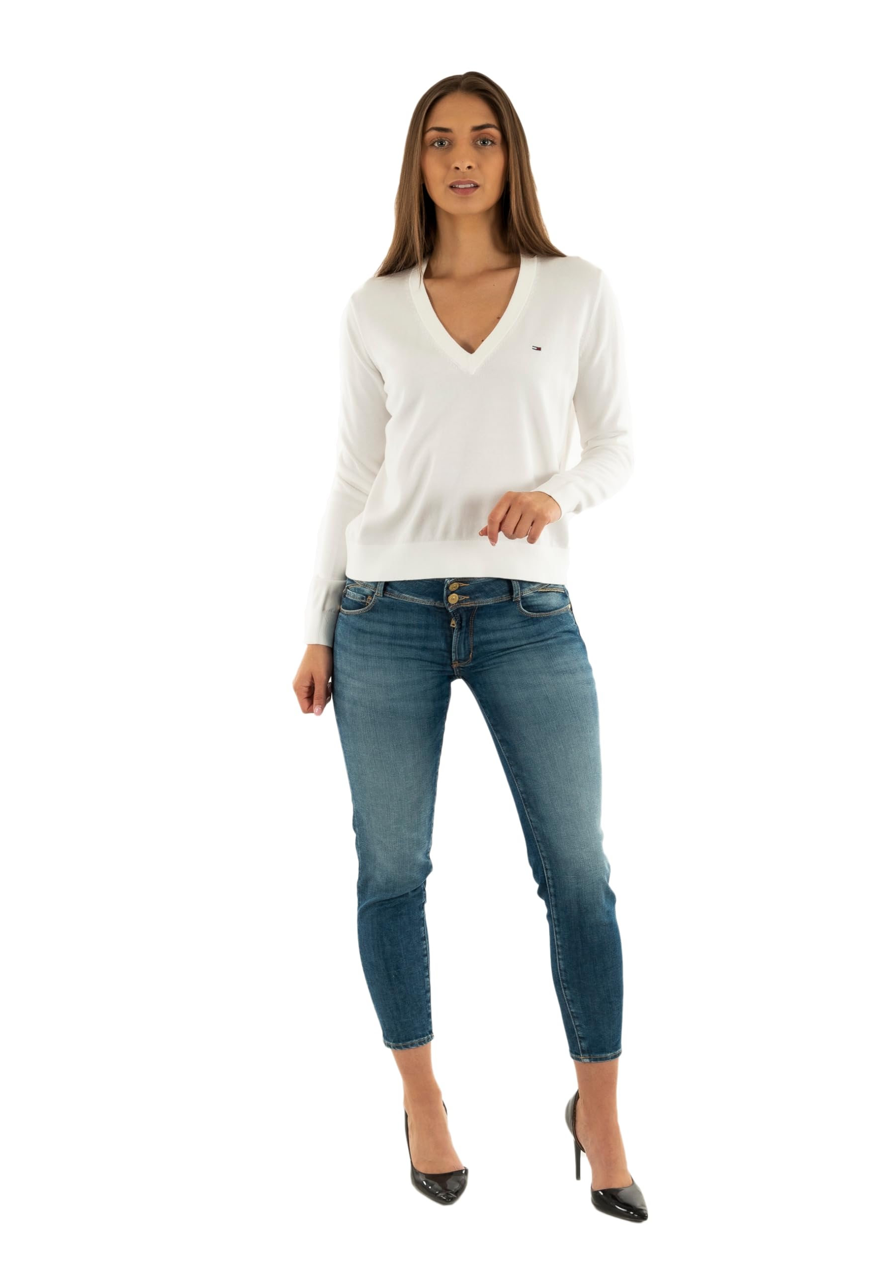 Tommy Jeans Women’s V-Neck Essential Jumper, White (Ecru), XL