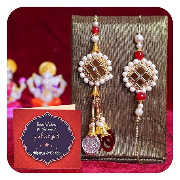 Image of TIED RIBBONS Rakhi for Brother and Bhabhi - Designer Lumba Rakhi Set with Roli Tikka for Bhaiya Bhabhi for Rakshabandhan