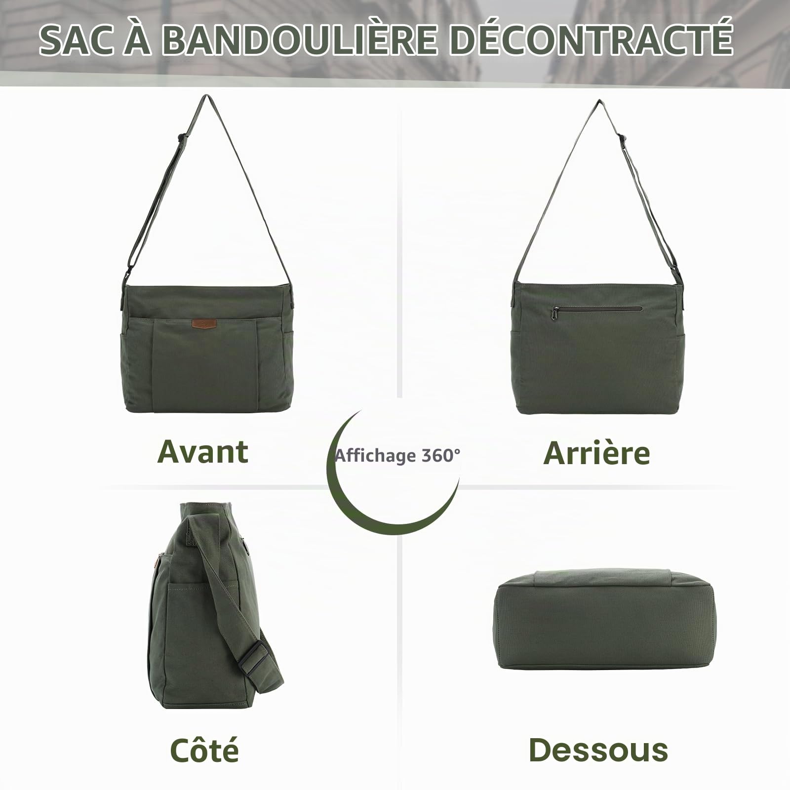 Sac Bandoulière Homme Femme, Multi-poches Léger Sac à Main Femme Bandoulière en Toile 14 Pouces Sac Besace Sacoche Cartable avec Poches latérales pour Travail École Voyage