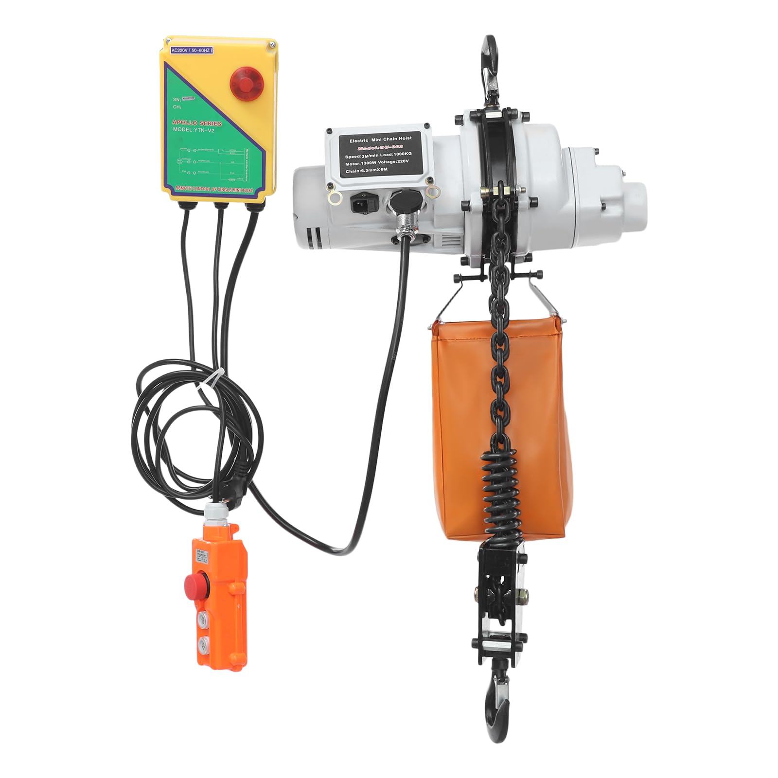 Paranco a catena, 1000 kg, cavo elettrico 1300 W, altezza di sollevamento 6 m, telecomando senza fili, protezione IP40, per officina e industria (bianco, arancione)