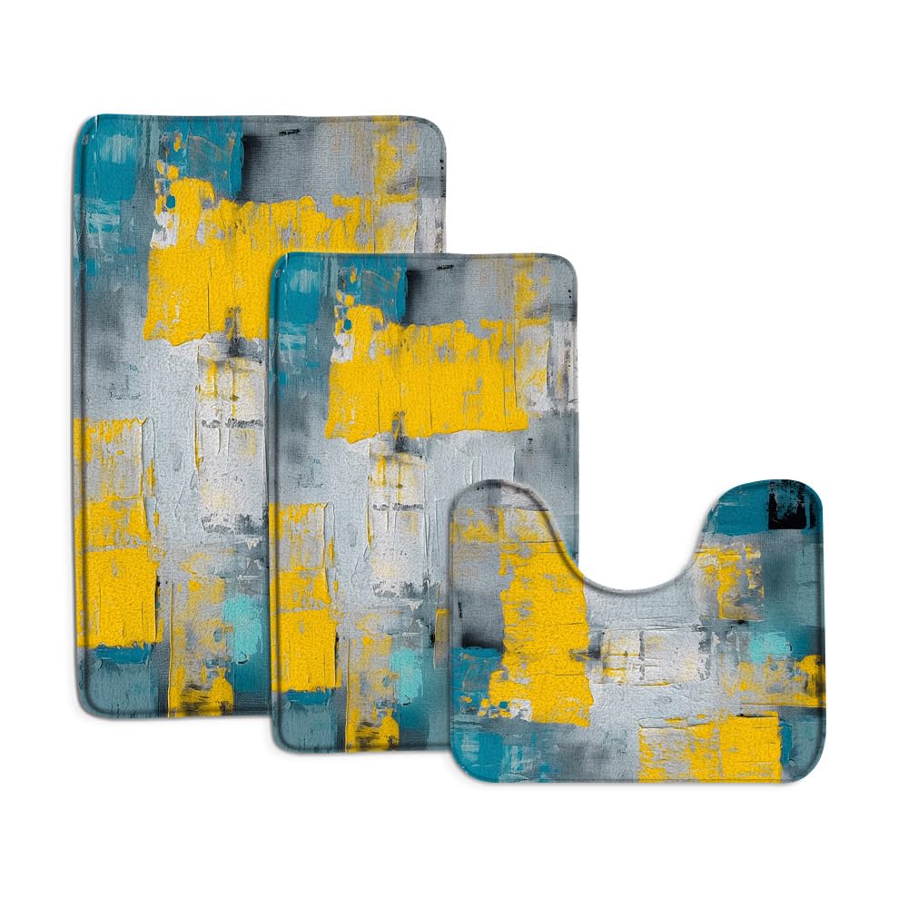 3 Piece Teal Yellow Gray Bath Mat Sets Abstract Blue Yellow Gray Brushstrokes Painting Modern Art 16x24+16x48 Inch Bathroom Rugs,U-Shaped Floor Mat