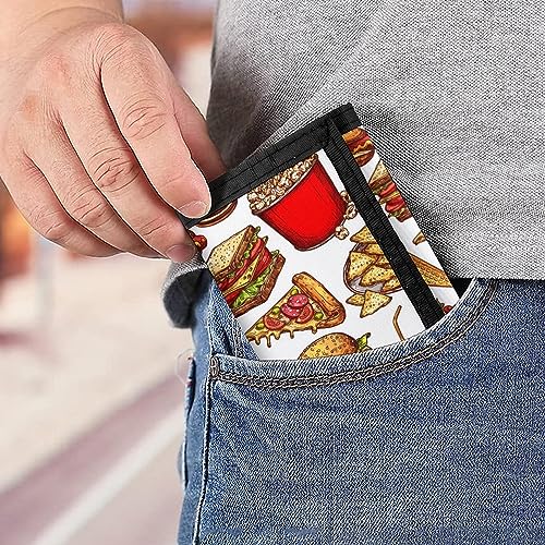 Burger, Hot Dog Pizza Slices Hamburger Sandwich Soda Donut on White Trifold Wallet, Stylish Purse With Keychain, Credit Pass Case Card-Holder for Crash Bills Receipts Women Men 5 x 3.3 x 0.2 Inch4