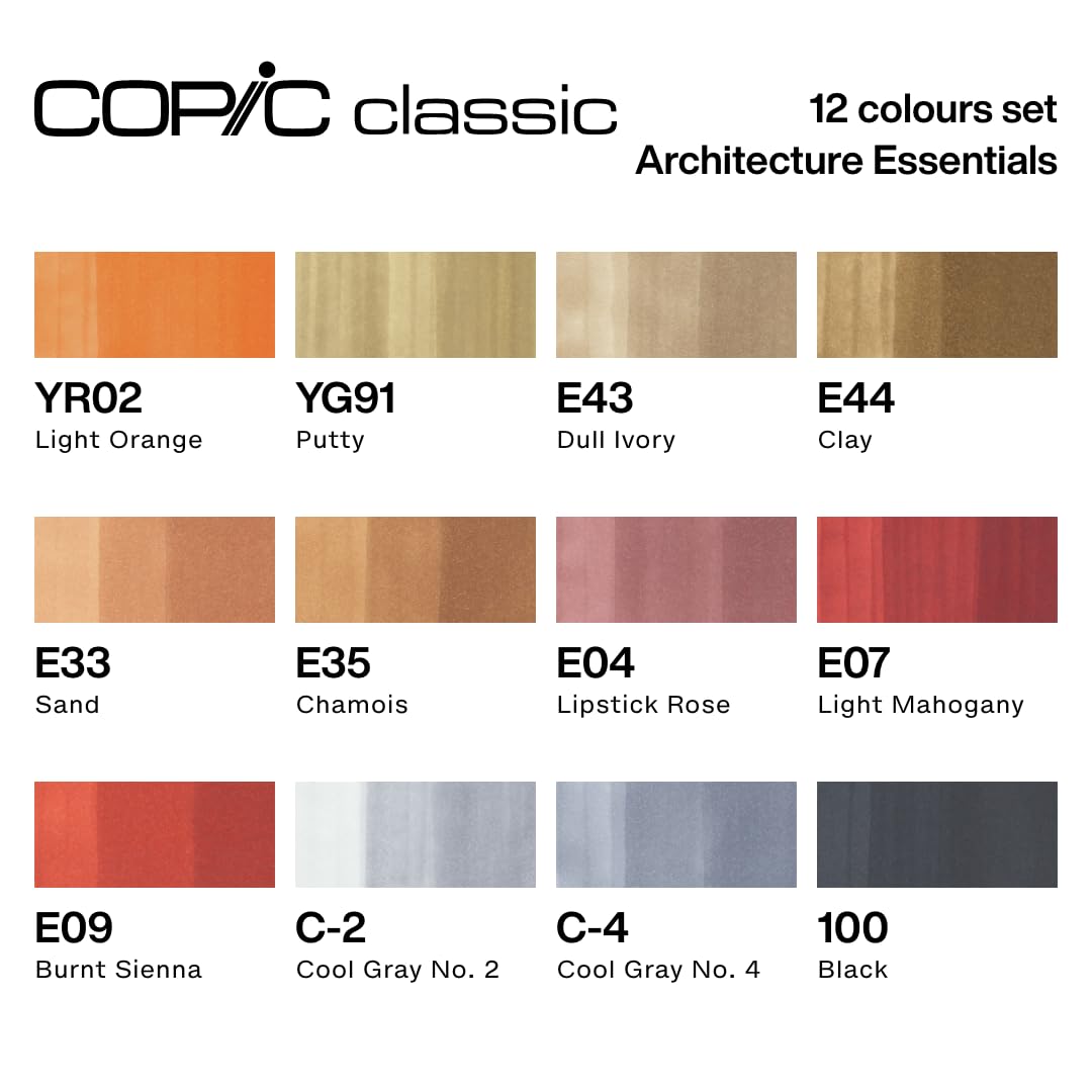 COPIC Classic Set "Architektur Farben", 12er Set im Wallet, Twin Marker mit einer mittelbreiten und einer feinen Spitze