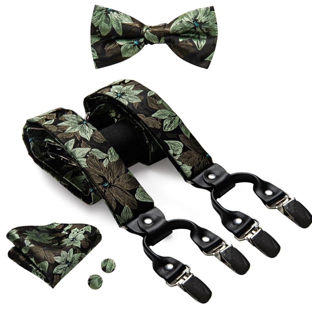 Tirantes Conjunto de Tirantes de Seda for Hombre, Conjunto de Tirantes y Pajarita Florales Dorados, 6 Clips de Metal de Cuero, Tirantes de Tirantes (Color : 3050)