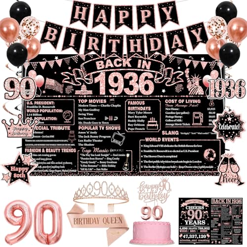 90th Birthday Decorations for Women Rose Gold Black 90th Birthday Party Supplies Kit for Her Happy 90th Birthday Banner Crown Sash Cake Topper Back in 1936 Backdrop and Card