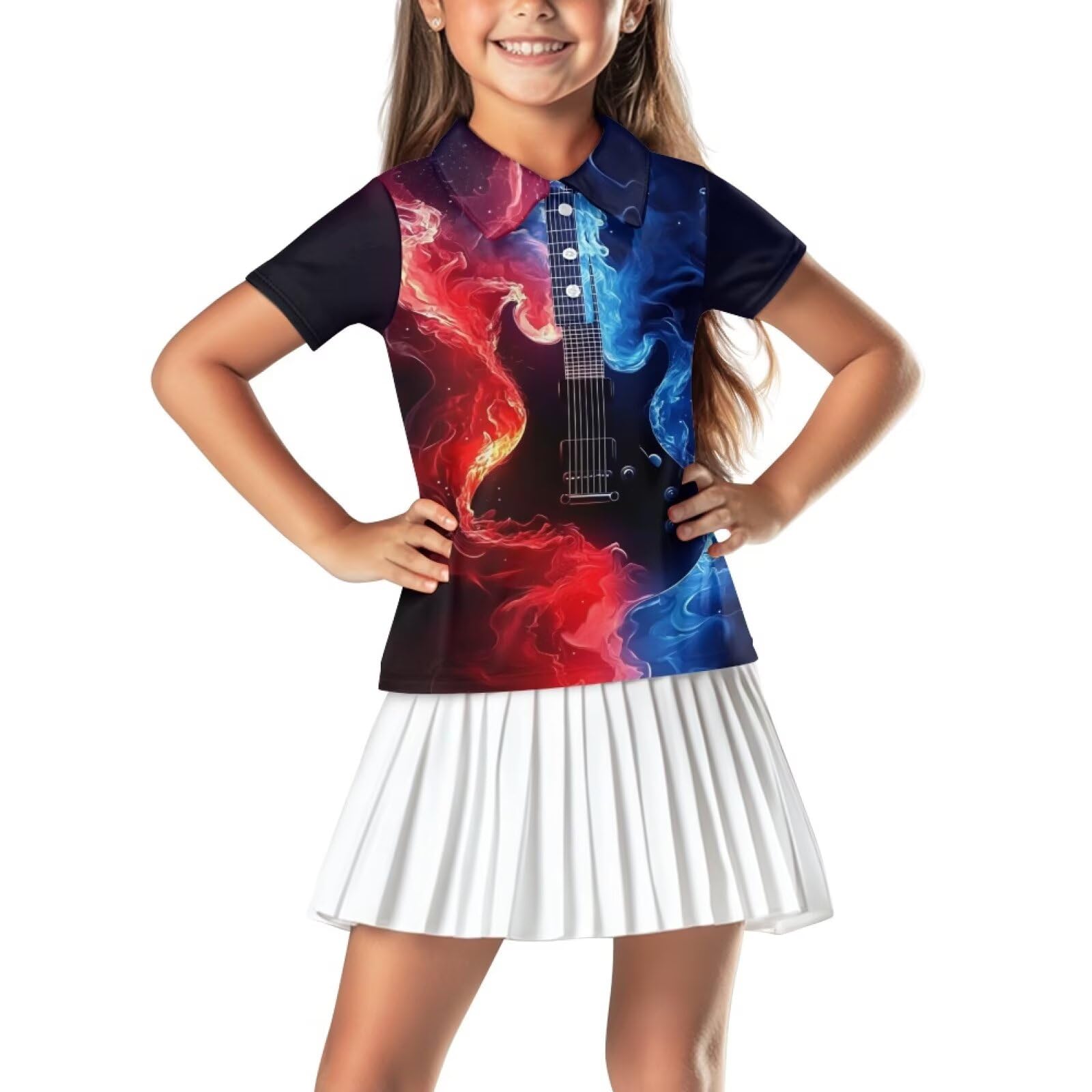 Frymappies Girls Guitar Golf Shirt 11-12 Years Fire Kids Short Sleeve Collared Golf Shirts School Uniform Flame Little Girls Summer Button Up Tennis Outfits Novelty Comfy Dry Fit Athletic Sport Tops