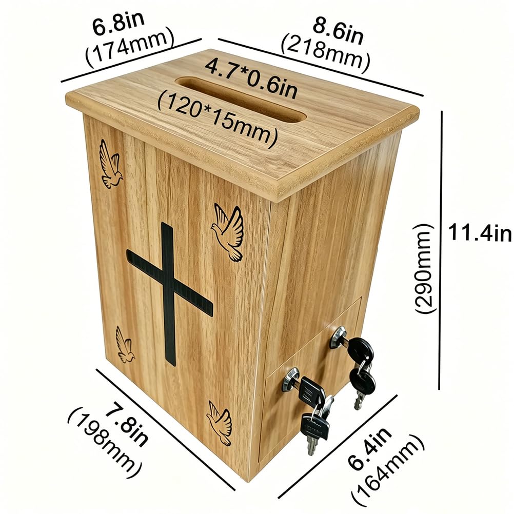Holz-Spendenbox für die Kirche mit Schloss und 2 Schlüsseln, zur Wandmontage oder als Tisch-Spendenbox mit breitem Schlitz, sichere Sammlung und Zehntbox für das Gebetszimmer der Kirche
