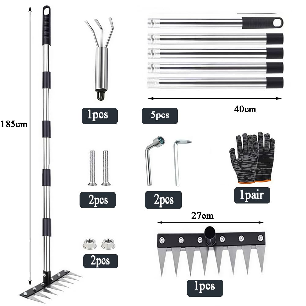Rastrillo de Deshierbe con Mango de Acero Inoxidable 185cm, Rastrillo de Acero Grueso de 8 Dientes, Herramienta de Extracción de Malas Hierbas, para Deshierbar, Aflojar, Sembrar, Patio y Jardín - 3