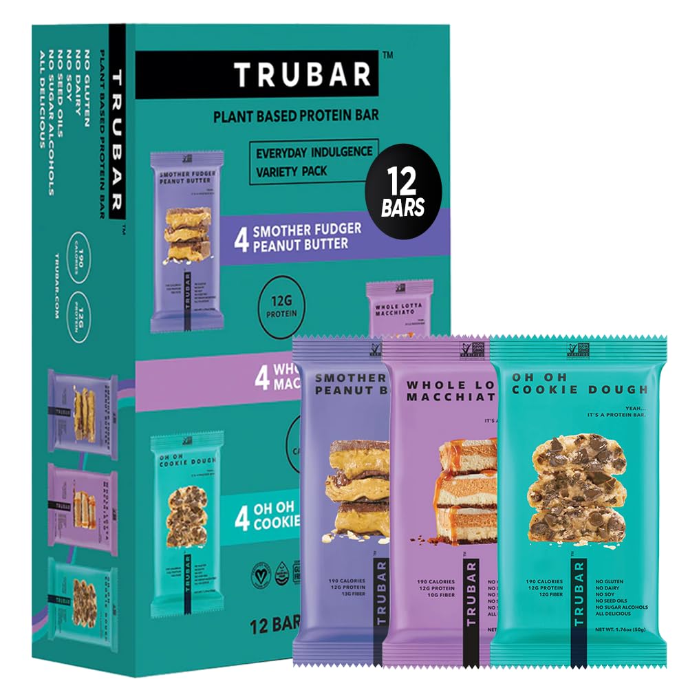 TRUBAR Vegan Protein Bar, Shake it Bake it Birthday Cake it, Gluten Free, Plant Based Protein, Dairy Free, Non GMO, Soy Free, No Sugar Alcohols, 12G Protein, 12G Fiber, 23G Carb, Snack Bars, 12ct: Peanut Butter, Macchiato, Cookie Dough 12 ct