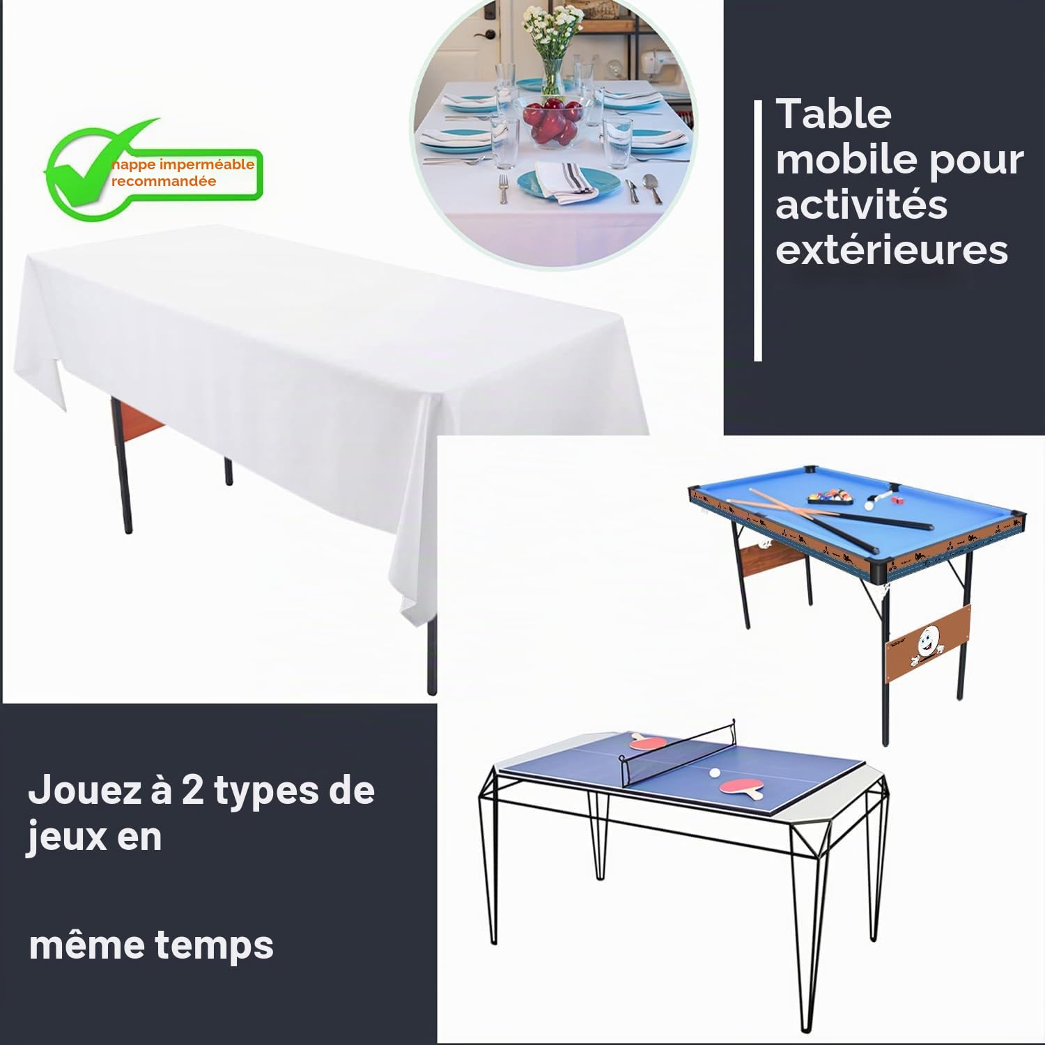 OYE Table de jeu 3 en 1 de 140 cm, pliable, en bois d'ingénierie, billard, hockey, tennis de table