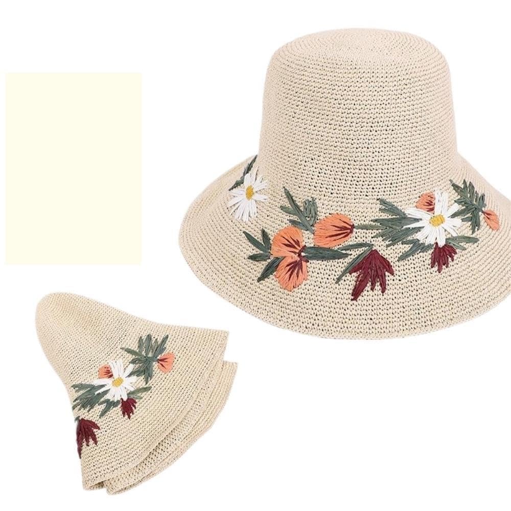 Cappello da Sole in Paglia, Fiore Ricamato, Tesa Larga, Pieghevole,
