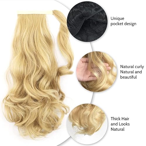 Miniatura 7 de Extensión de cola de caballo rubia, extensión de cola de caballo con clip, extensiones de cabello rizado ondulado de 16 pulgadas, peluca de cola de