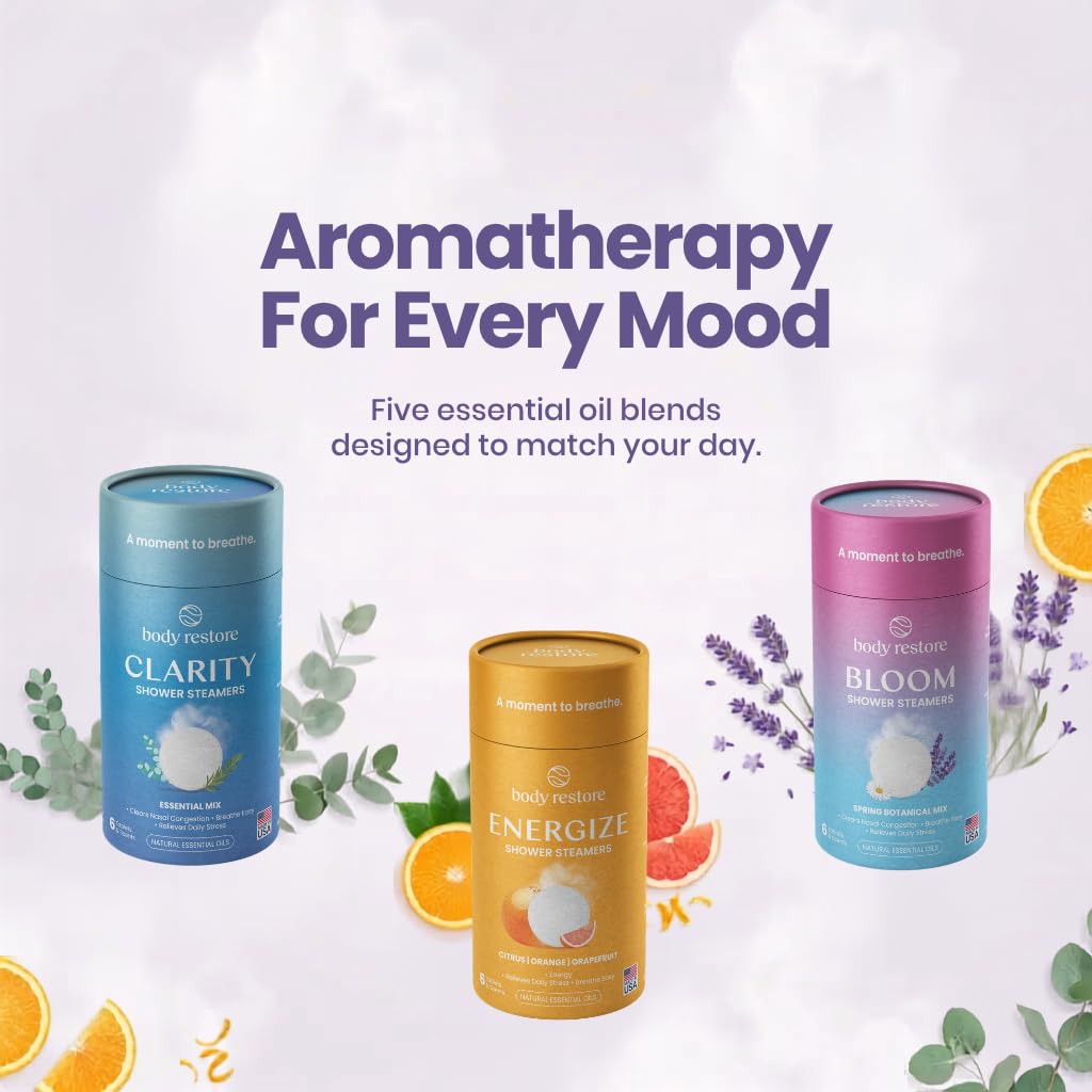 Body Restore Shower Steamers Aromaterapy zestaw 6 sztuk – relaksujące prezenty urodzinowe dla kobiet i mężczyzn, akcesoria podróżne, ulga w stresie i samoopieka - Bloom