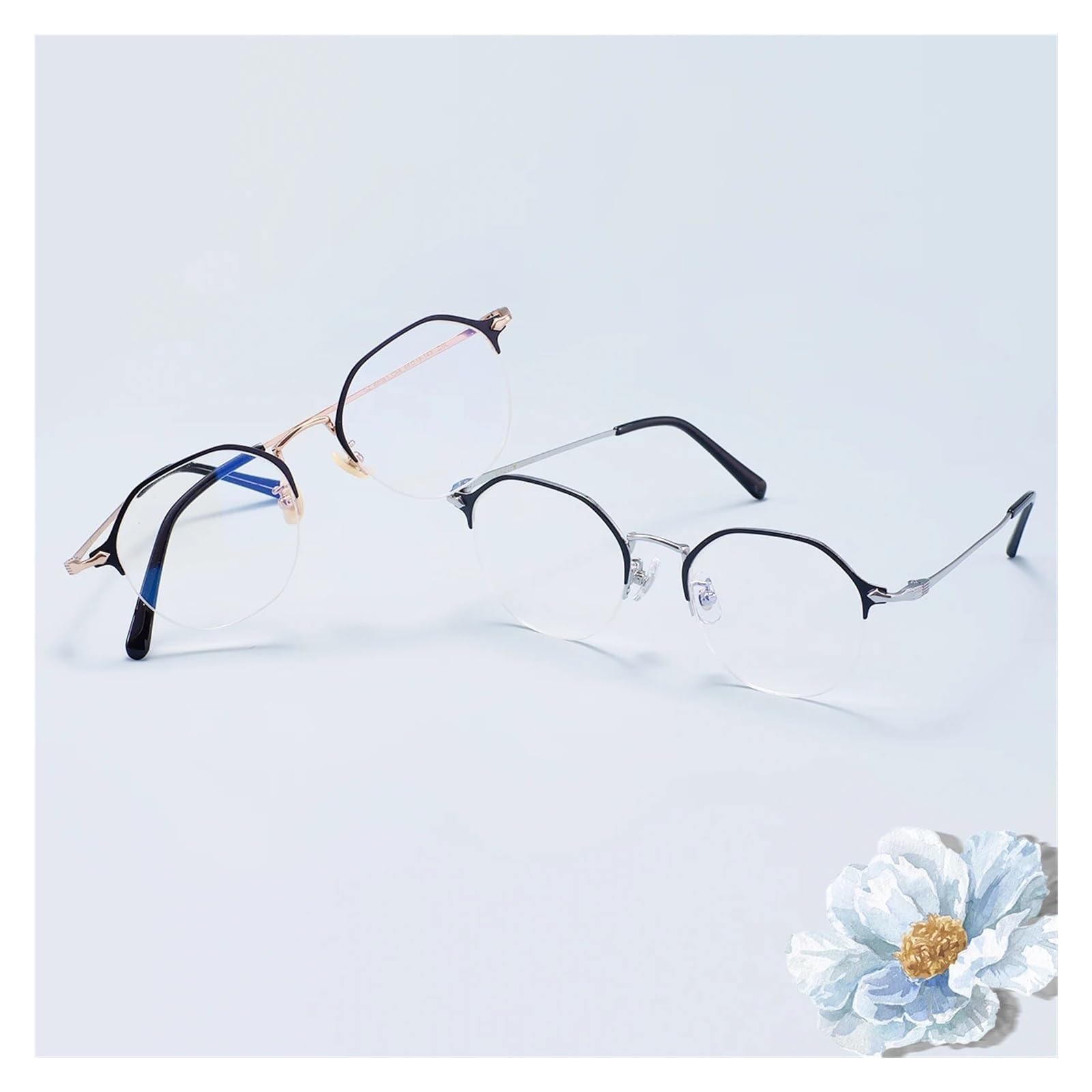 Occhiali a Mezza Montatura Occhiali Rotondi Occhiali da Nerd Medi Montature for Occhiali in Metallo Occhiali da Lettura con aste in Titanio Unisex(Svart)