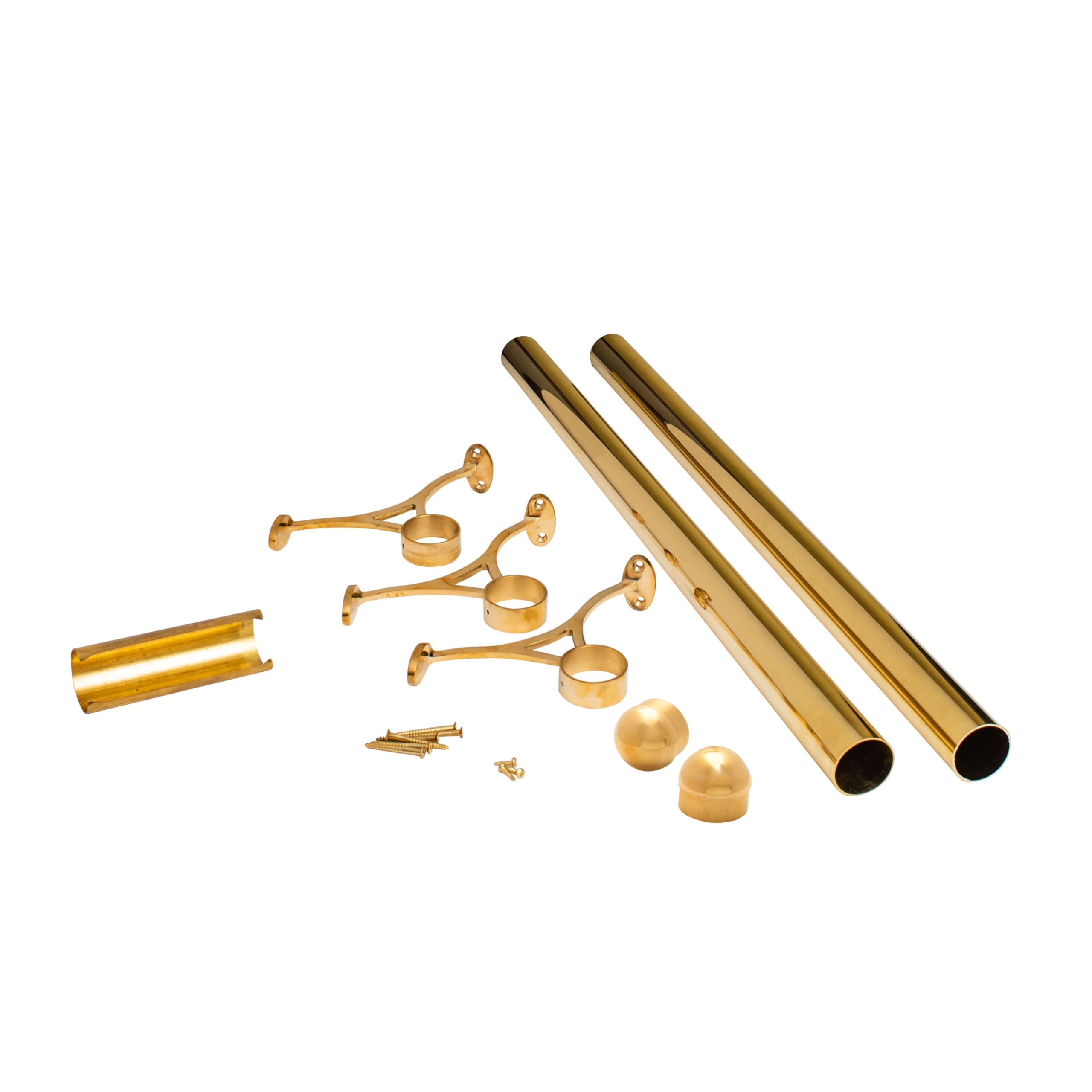 Outwater 2" Diameter x 7' Bar Foot Rail Kit – Complete Undercounter Mount Hardware and Tubing, Dome End Cap, Brass Finish