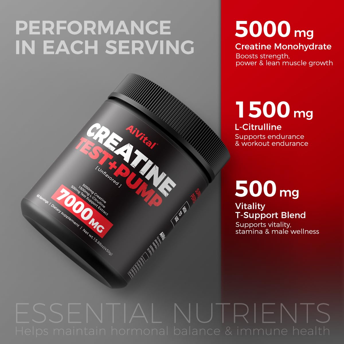 AiVital™ Creatine Powder for Men–5000mg Creatine Monohydrate with 1500mg L-Citrulline & 500mg Vitality Blend for Men–Strength, Performance,Muscle Pump&Recovery Support–Unflavored,60 Servings, 450g — Amazon image 4