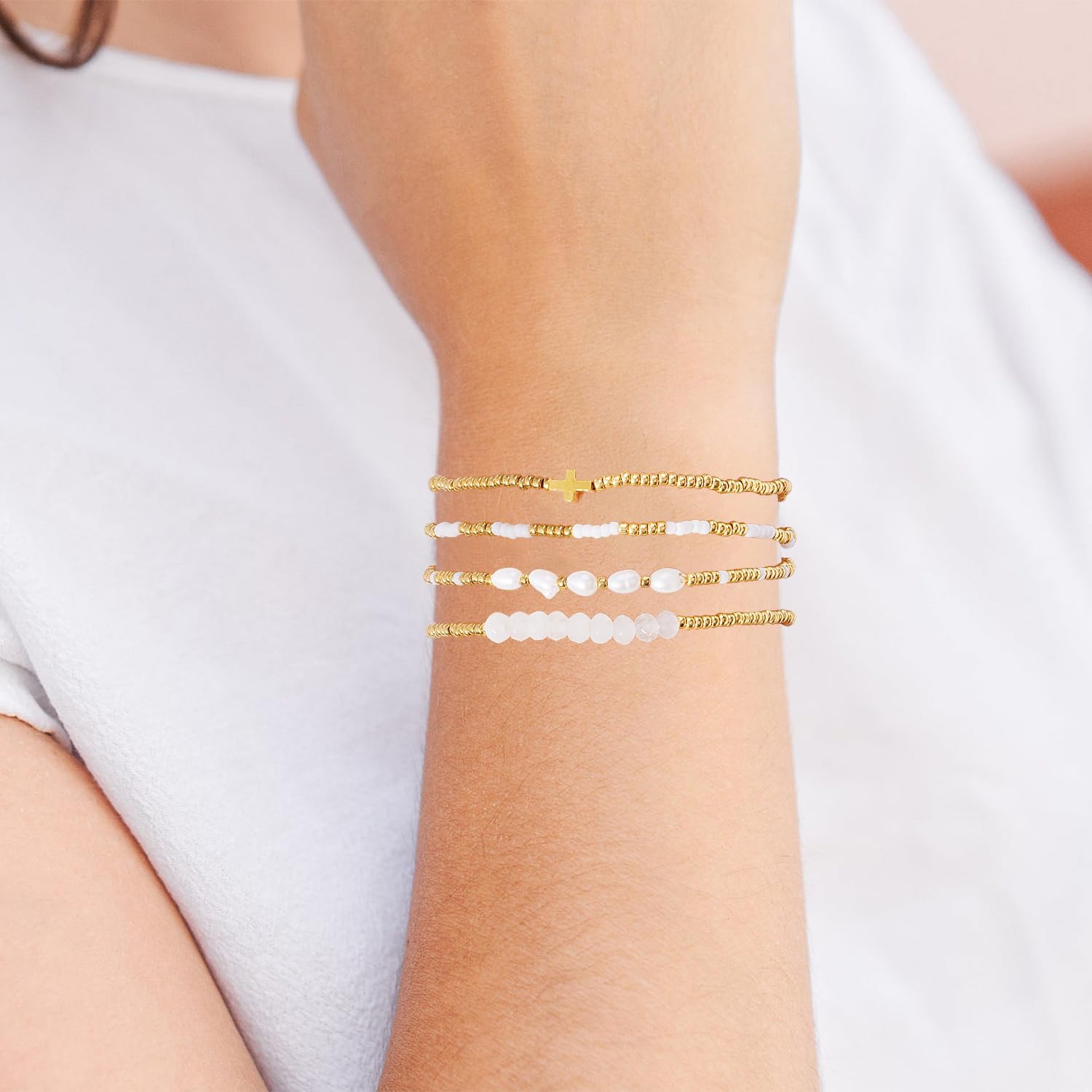 Dainty Gold Plated Pearl Crystal Beaded Bracelets Set for Women 14K Gold Plated Bead Pearl Beads Bracelet Stackable Paperclip Link Chain Bracelets Gold Plated Bracelets for Women Trendy Jewelry - Image 4