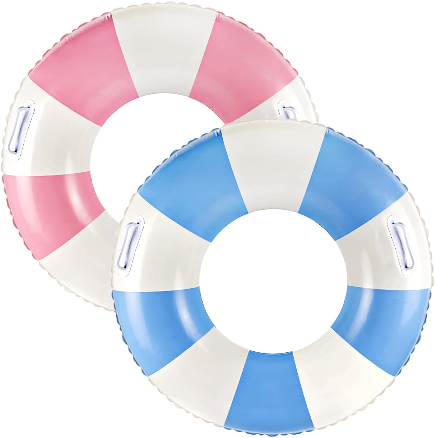 2 Pack Striped Pool Floats for Adults, 35.5" Large Inflatable Swim Tubes with Handles, Thickened PVC Heavy Duty Pool Rings for Beach, Lake, Pool Party, Vacation Floaties Blue White Pink