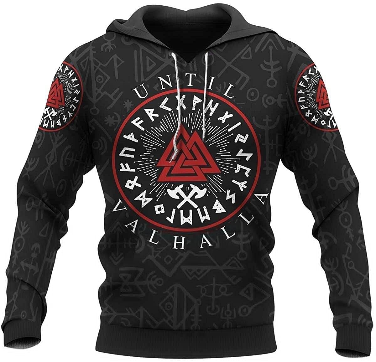 XBOMENMen's Viking Odin Logo Valknut Hoodie Walhalla Pullover T-shirt Hooded Sweater Viking Style Men's Clothing With Pockets (Color : Hoodie, Size : Large)