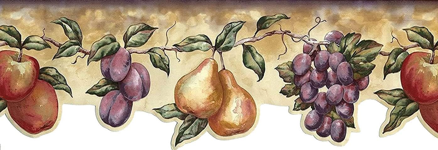 CONCORD WALLCOVERINGS ™ Wallpaper Border Kitchen Pattern Fruits Leaves for Dining Area Cottage, Cream Red Green Brown Purple Pink, 7.5 Inches by 15 Feet LA15015DB
