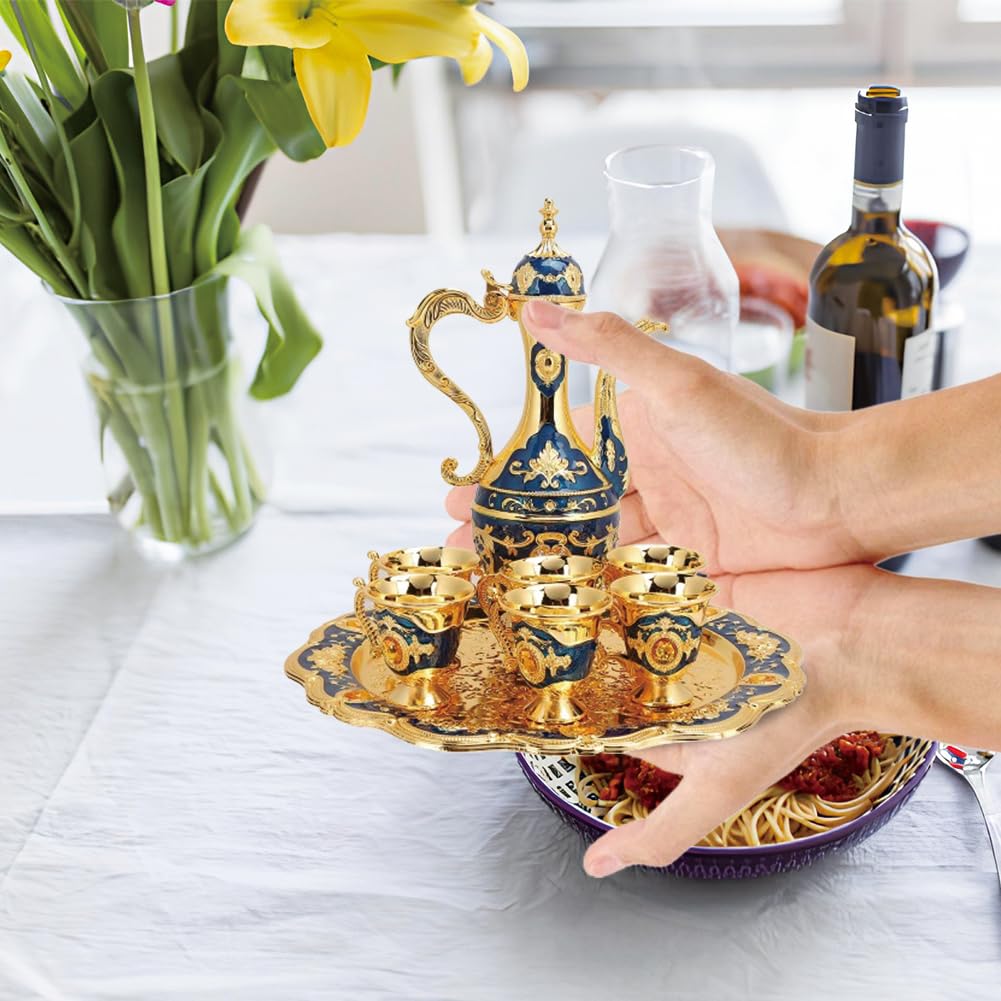 Tiiyee Ensemble De Thé Turc, Cafetière Turque Vintage Service Comprenant Théière Artisanale Marocaine en Métal Flacons Hanche Verre Vin Russe Ensembles Pot Bleu Café avec 6 Tasses Plateau(Bleu)