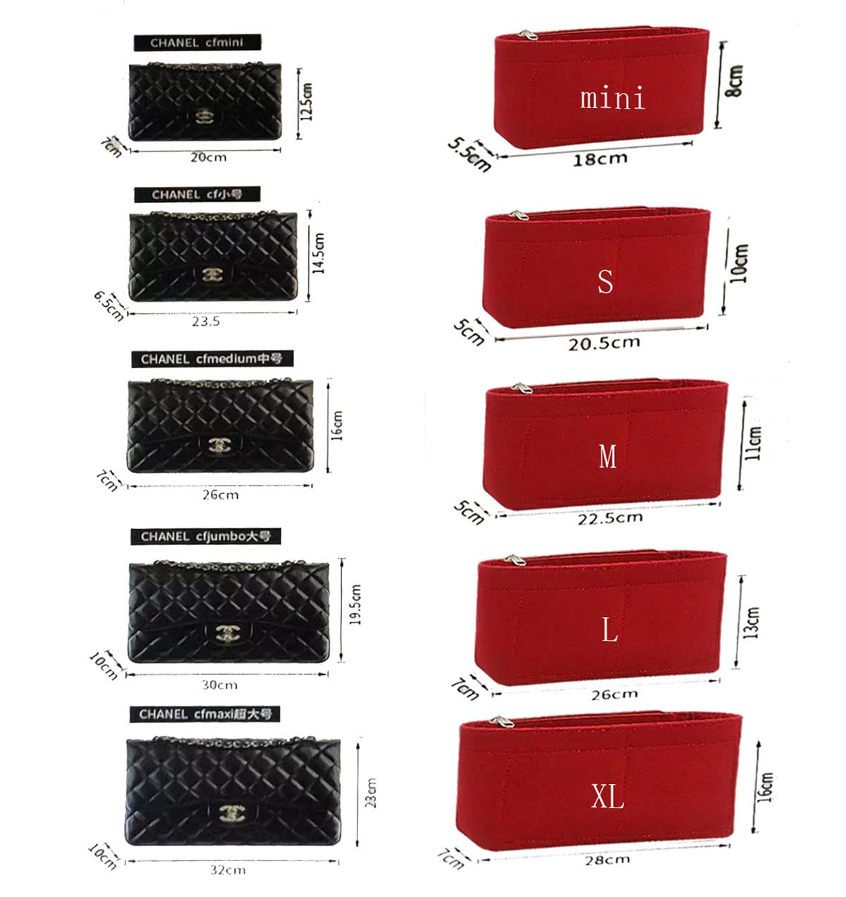 Borsa Organizer Inserto per Chanel Classic Flap mini borsa Shaper Borsa Inserto - Premium Borsa Feltro Organizer 2009Viola-mini