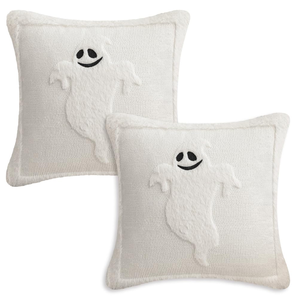 BDKMMS Ghost Pillow Covers, 2Pcs 18x18inch Cute Ghosts Pillow Case Soft Plush Throw Cushion Cases for Home Decor