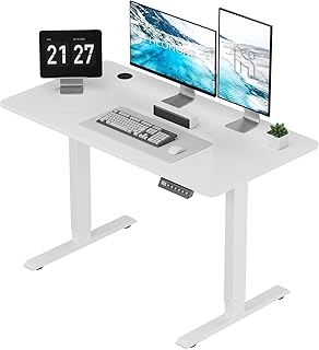 HLONONE Height Adjustable Desk, 120 × 60 cm Electric Desk, Adjustable Computer Desk with Cable Grommet and 3-Function Memory, Standing Seat Table for Office and Home Office, White