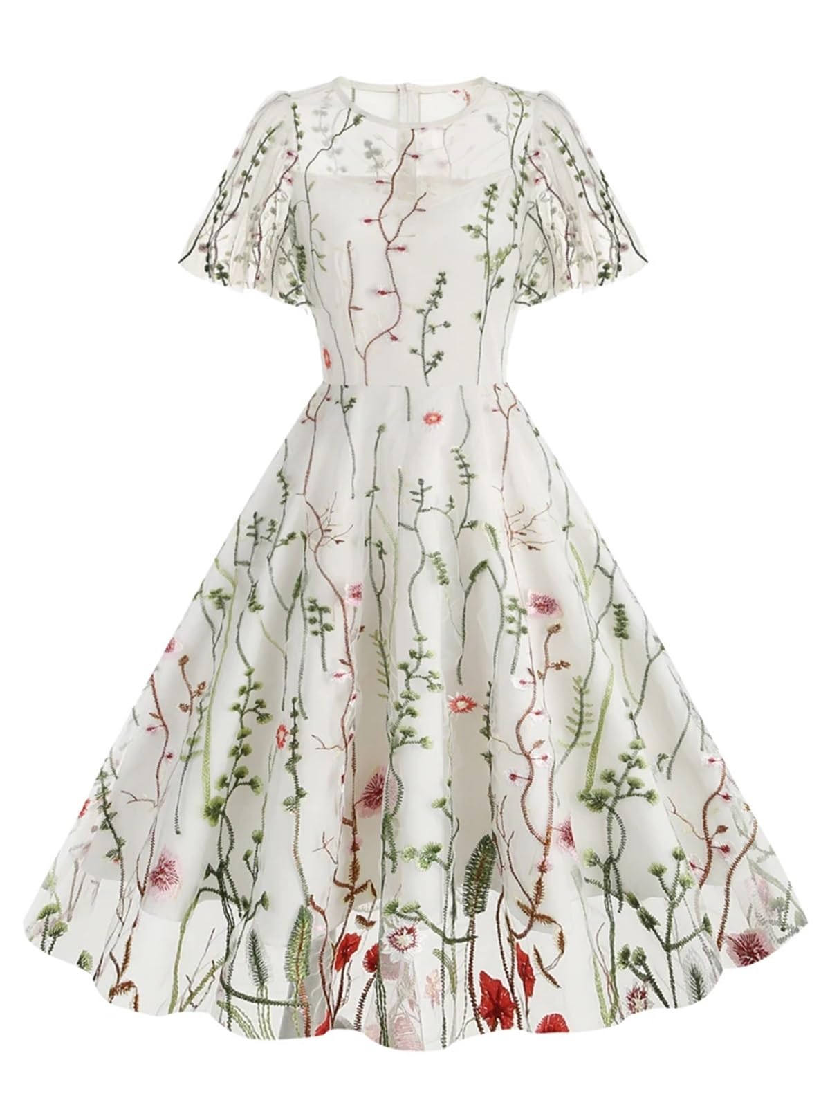 Kurzarm Kleid Damen Abendparty Elegante Kleider Damen Sommer O-Ausschnitt Kurzarm Blumen Mesh Bestickt Vintage Langes Kleid