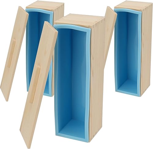HEIHAK Juego de 3 moldes de jabón de silicona de 42 onzas, kit de moldes de barra rectangular para hacer jabón con cajas y tapas de madera, moldes