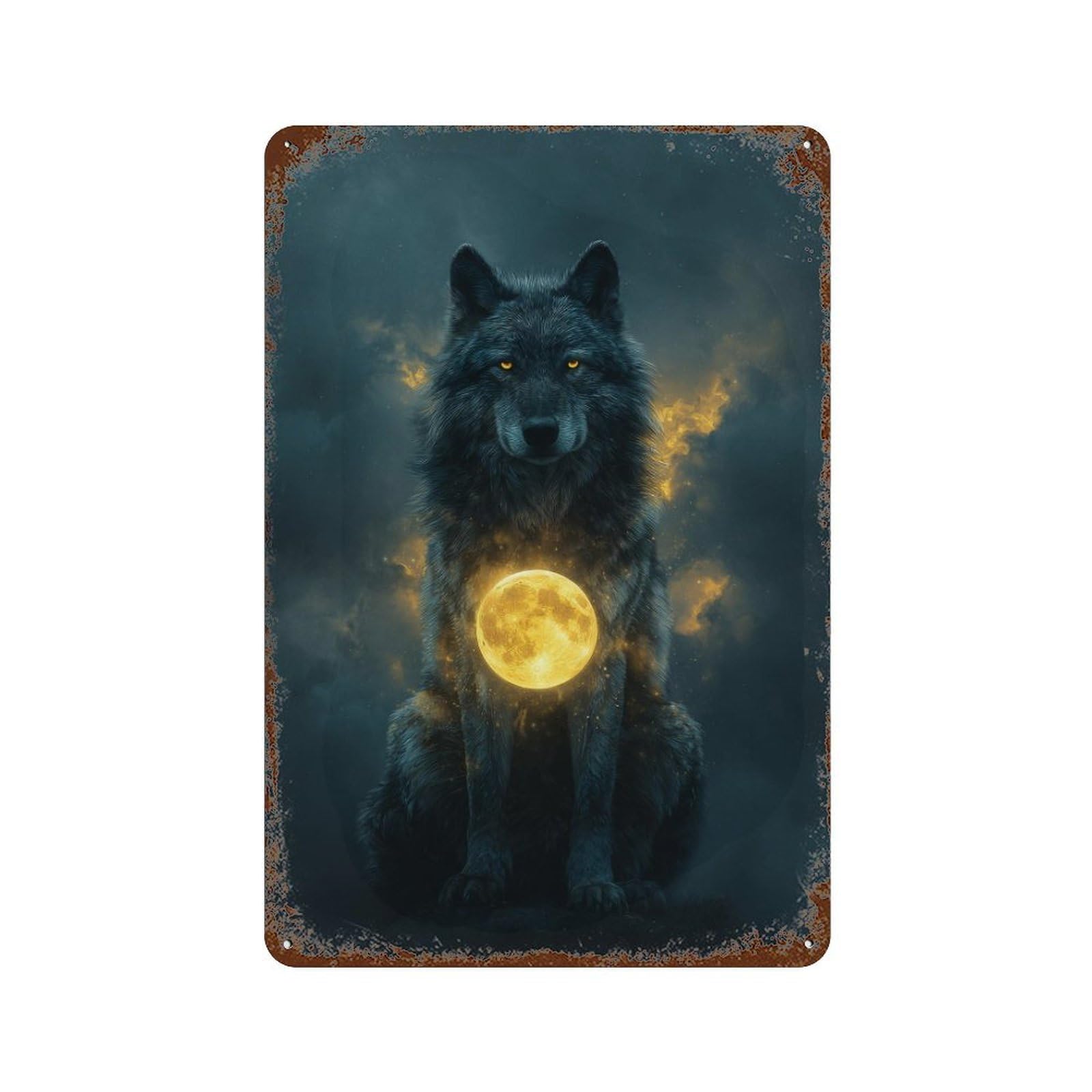 Wolf Moon Spirit Animal Rust Effect Tin Sign 11.8"x7.9", Ideal for Farmhouse, Kitchen And Entryway Decor