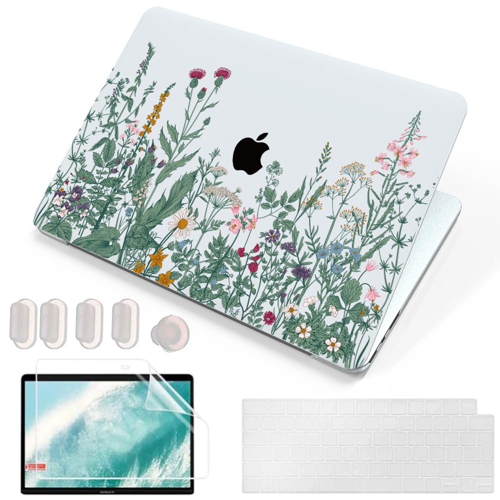 4 in 1 Custodia per Macbook Air M2 M3 M4 13,6 Pollici A2681 A3113 A3240, 2025 2024 2022 con Touch ID, Plastica Case Cover Rigida & Pellicola Tastiera & Proteggi Schermo, Piante da Fiore