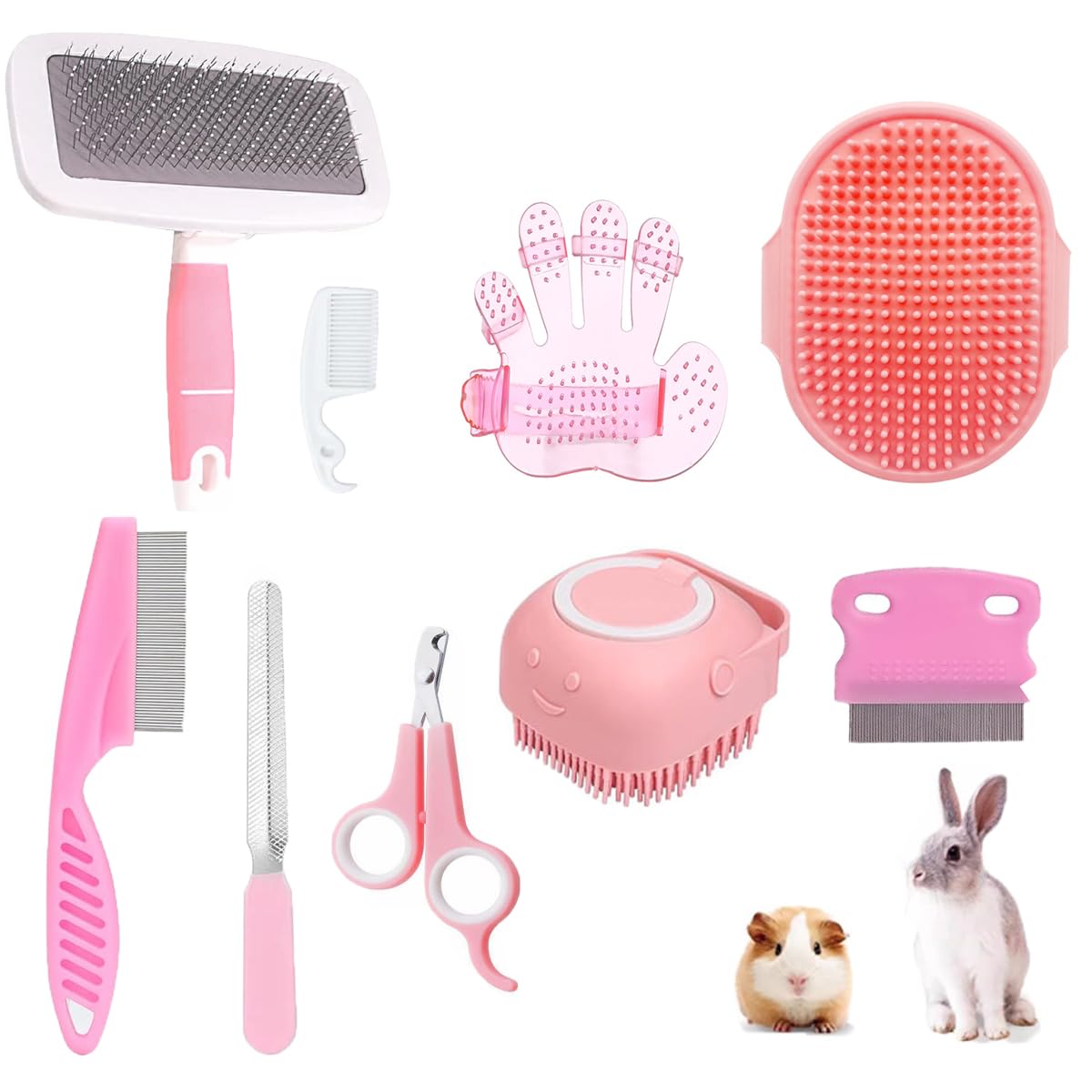 9PCS Small Animal Grooming Kit, Cleaning Brush Removes Loose Hair, Pet Bath Brush,Shampoo Brush, Nail Clipper, Flea Comb (9PCS-Pink)